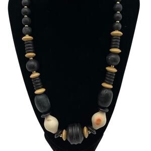 Vintage Tribal Wooden Bead Necklace Long Chunky Barrel Clasp Boho Ethnic Jewelry